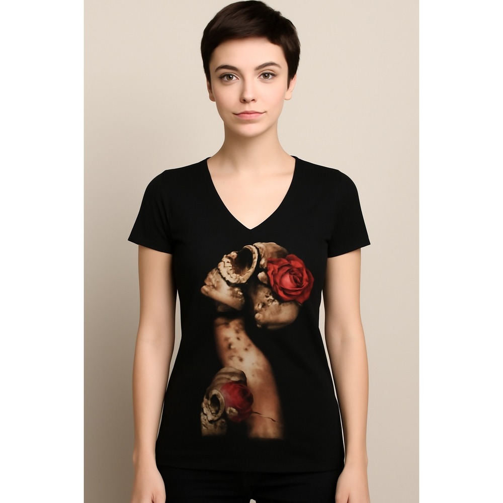 Infamous Women Black Sugar Skull Rose Graphic V-Neck T-Shirt XS Short Sleeve